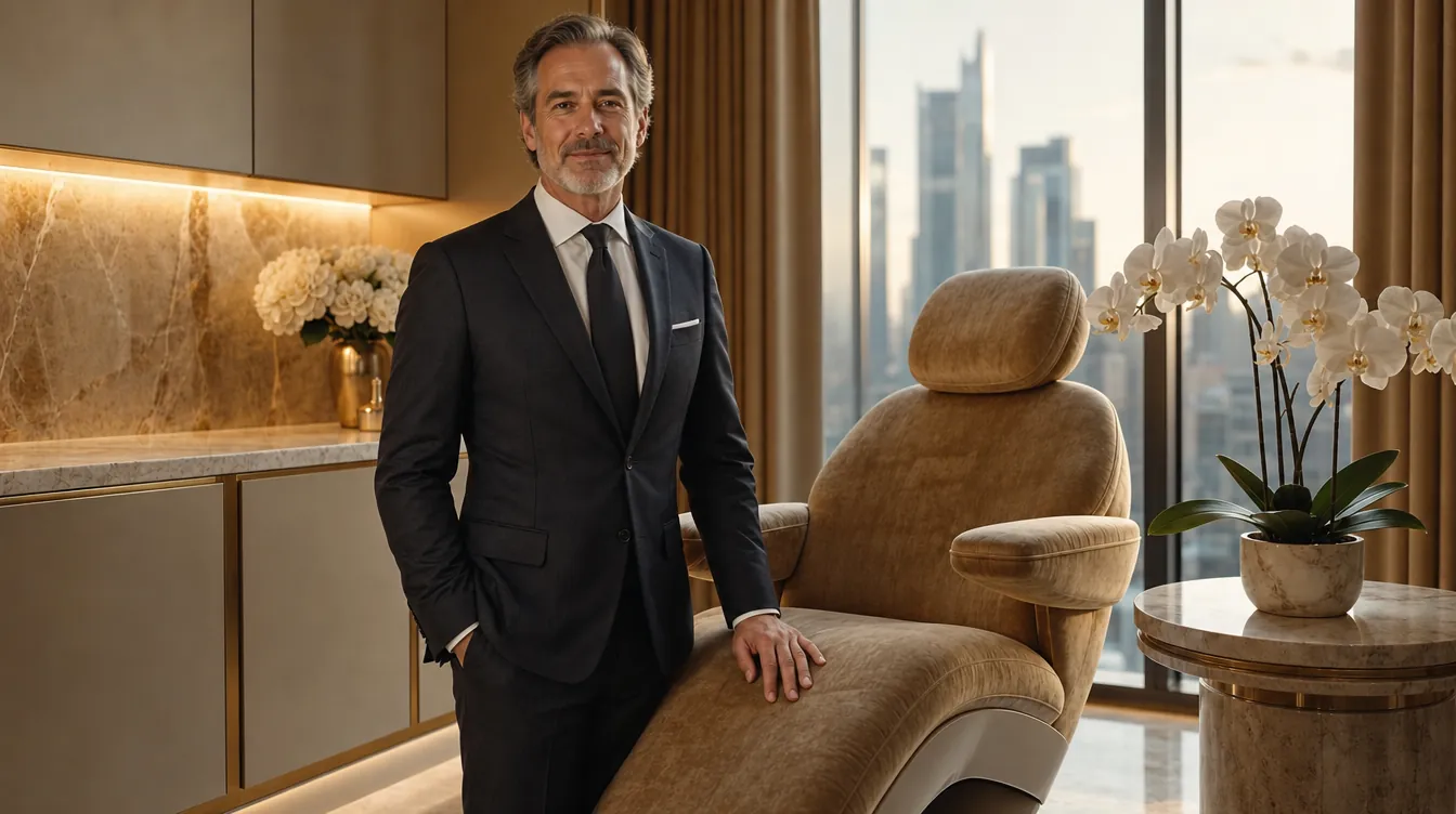 An elegant, luxurious private dental suite at golden hour