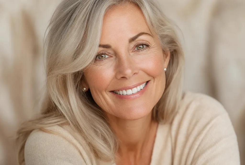 An elegant woman in her late 50s with a radiant, healthy smile